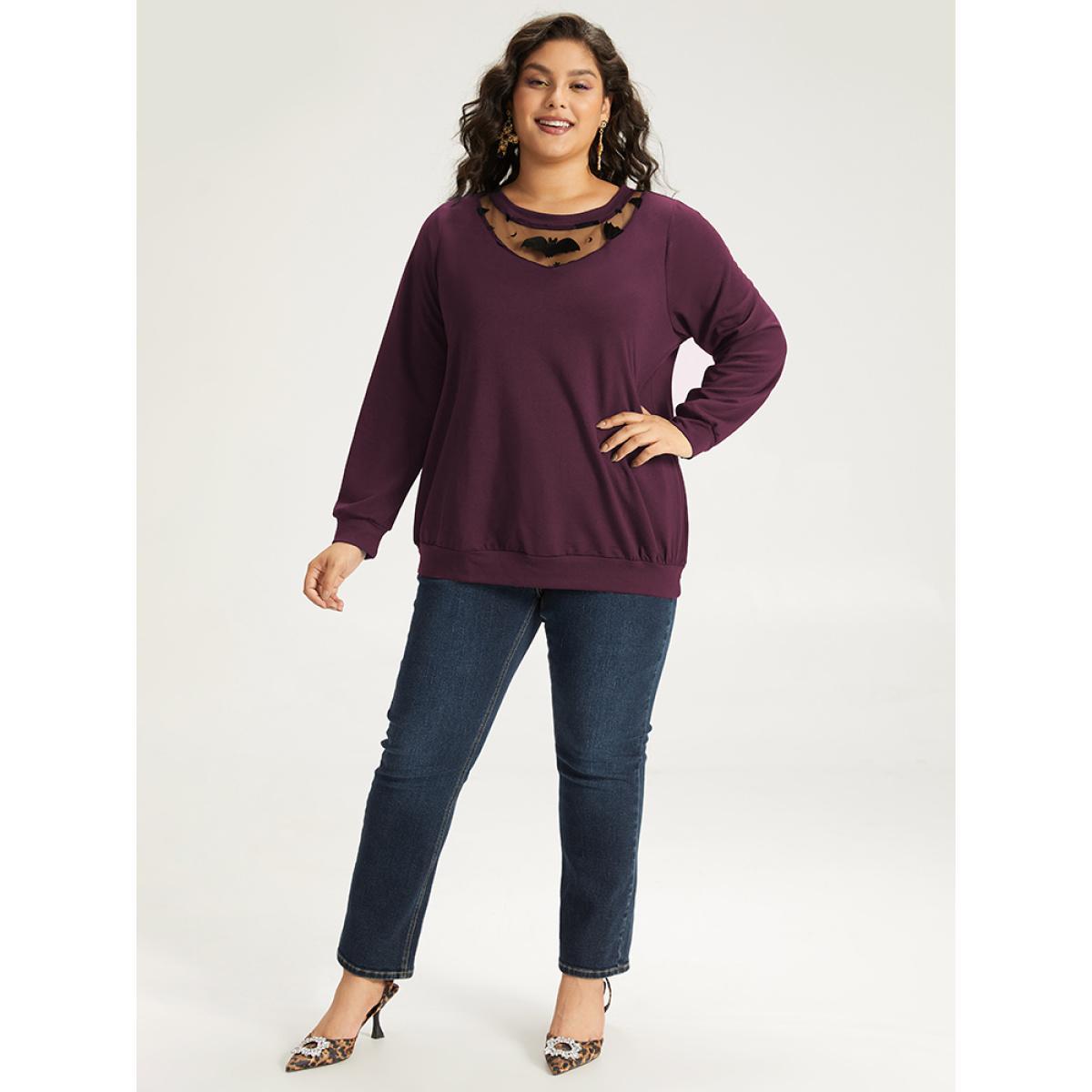 Plus Size Halloween Bat Print Mesh Patchwork Sweatshirt Women Burgundy Elegant Elastic cuffs Round Neck Festival-Halloween Sweatshirts BloomChic 10/M Product Image