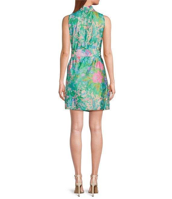Abbey Glass Betty Ruffle Mock Neck Tie Waist Watercolor Floral Mini Dress Product Image