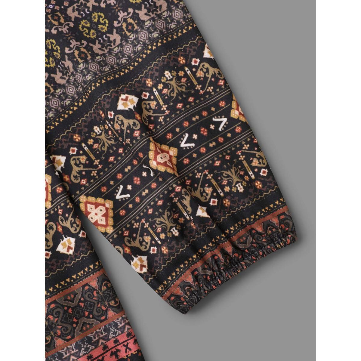 Plus Size DarkBrown Floral Bandana Crisscross Blouse Women Resort Extra Long Sleeve V-neck Vacation Blouses BloomChic 12/L Product Image