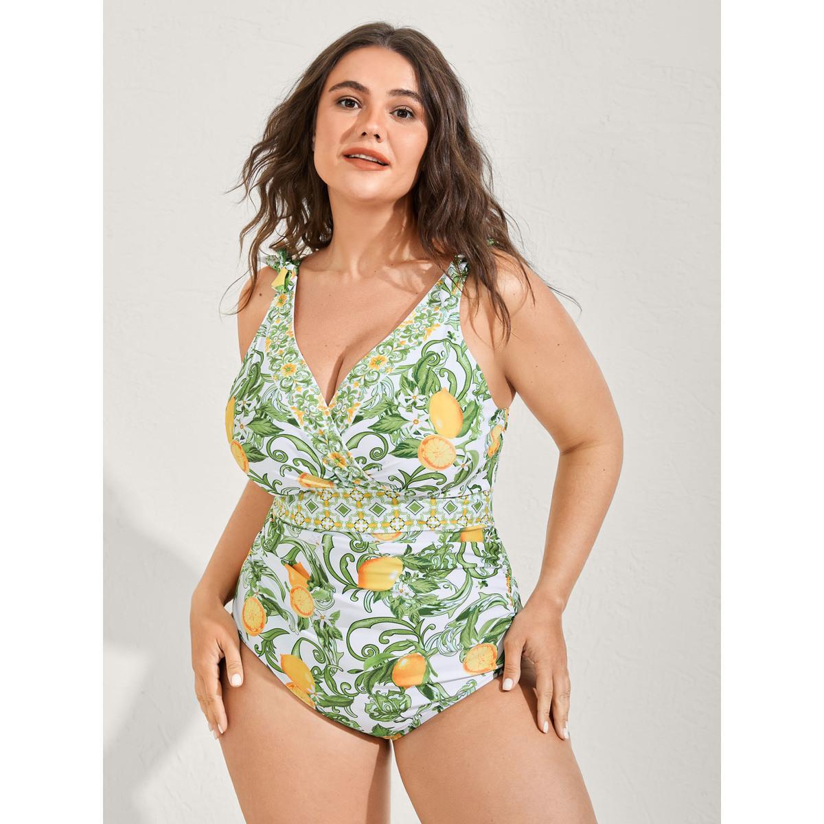 Plus Size Two-Piece Citrus Print Sarong Swimsuit Women's Swimwear Truegreen Beach Tie knot Curve Bathing Suits High stretch One Pieces BloomChic 12/L Product Image