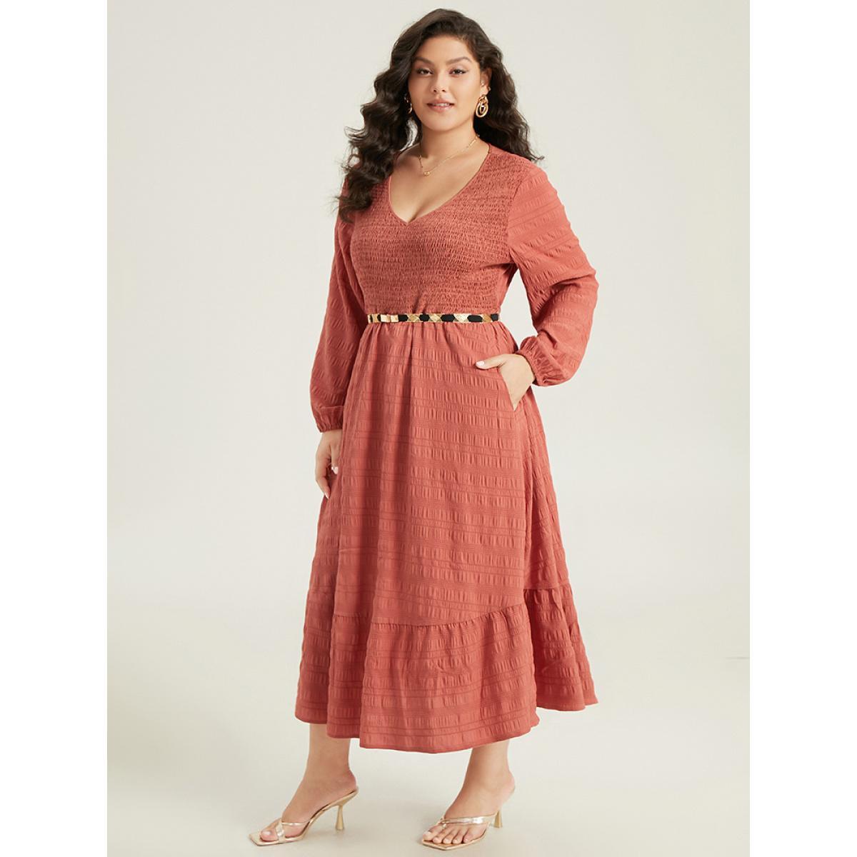 Plus Size Solid Shirred Plisse Flutter Hem Dress Chocolate Women Elegant Elastic cuffs V-neck Long Sleeve Curvy Midi Dress BloomChic 18-20/2X Product Image