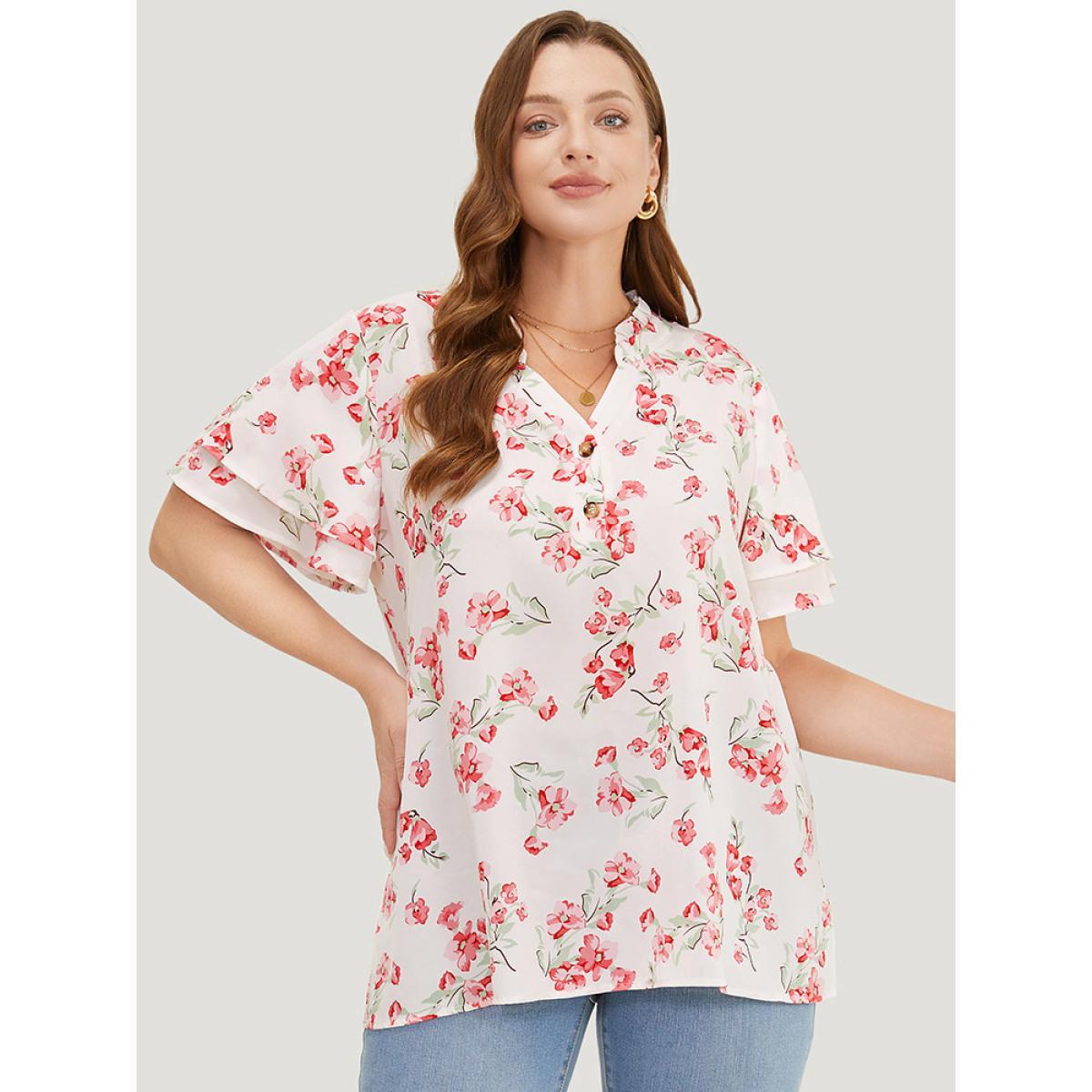 Plus Size White Floral Printed Button Up Flutter Layered Sleeve Blouse Women Elegant Short sleeve Notched collar Dailywear Blouses BloomChic 12/L Product Image