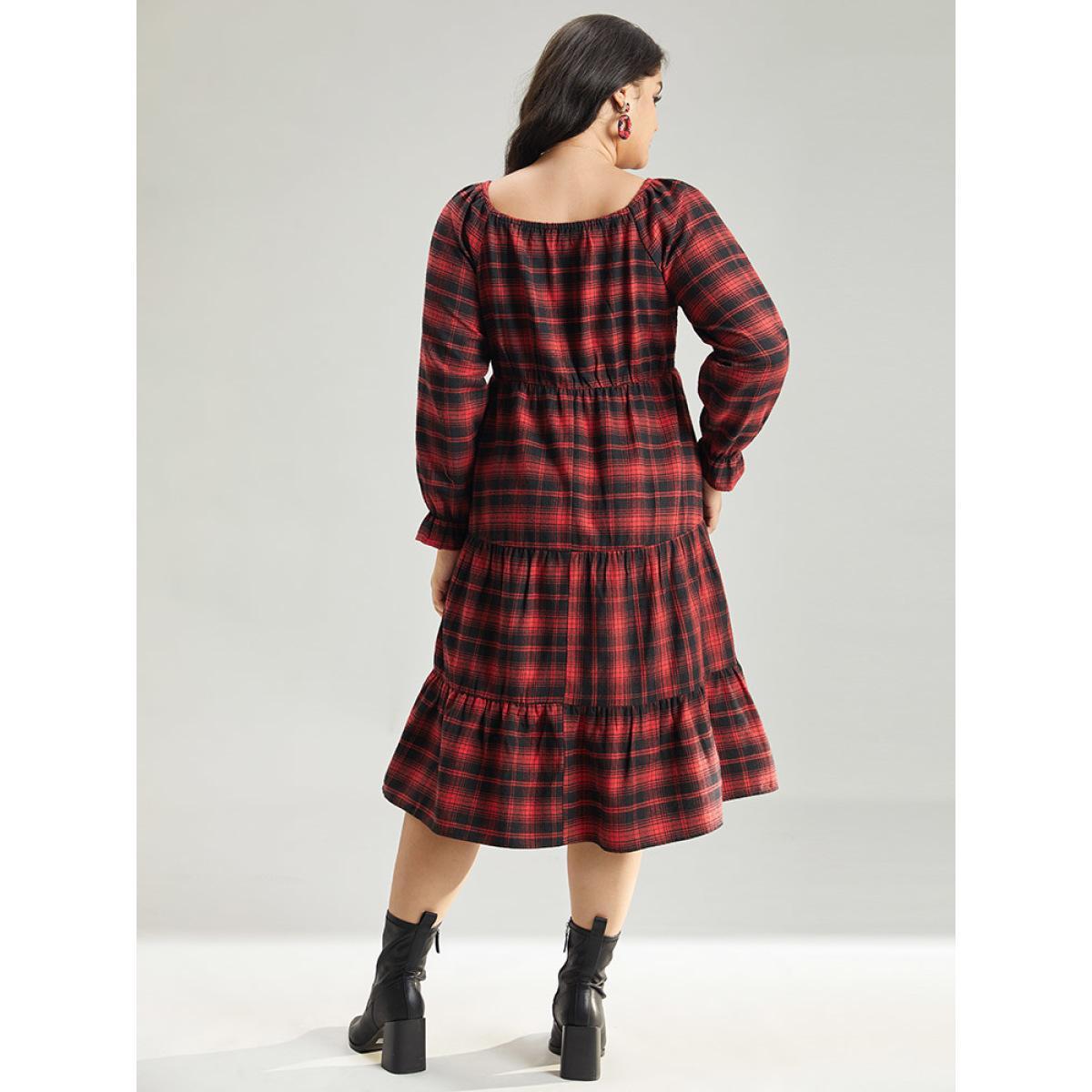 Plus Size Plaid Shirred Pocket Ruffle Trim Midi Dress Raspberry Women Elegant Gathered Square Neck Long Sleeve Curvy Midi Dress BloomChic 26/4X Product Image