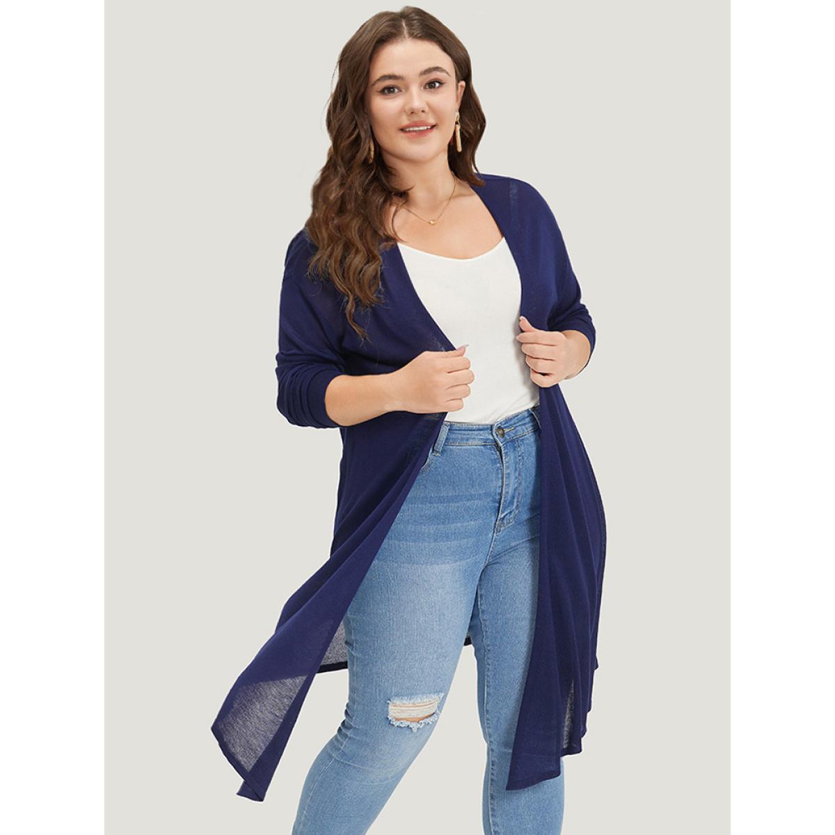 Plus Size Supersoft Essentials Plain Asymmetrical Hem Open Front Cardigan Indigo Women Casual Loose Long Sleeve Dailywear Cardigans BloomChic 30/6X Product Image