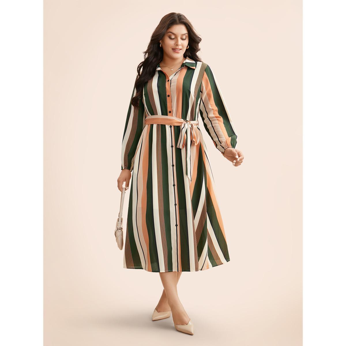Plus Size Contrast Striped Belted Midi Dress Multicolor Women At the Office Belted Shirt collar Long Sleeve Curvy BloomChic 26/4X Product Image