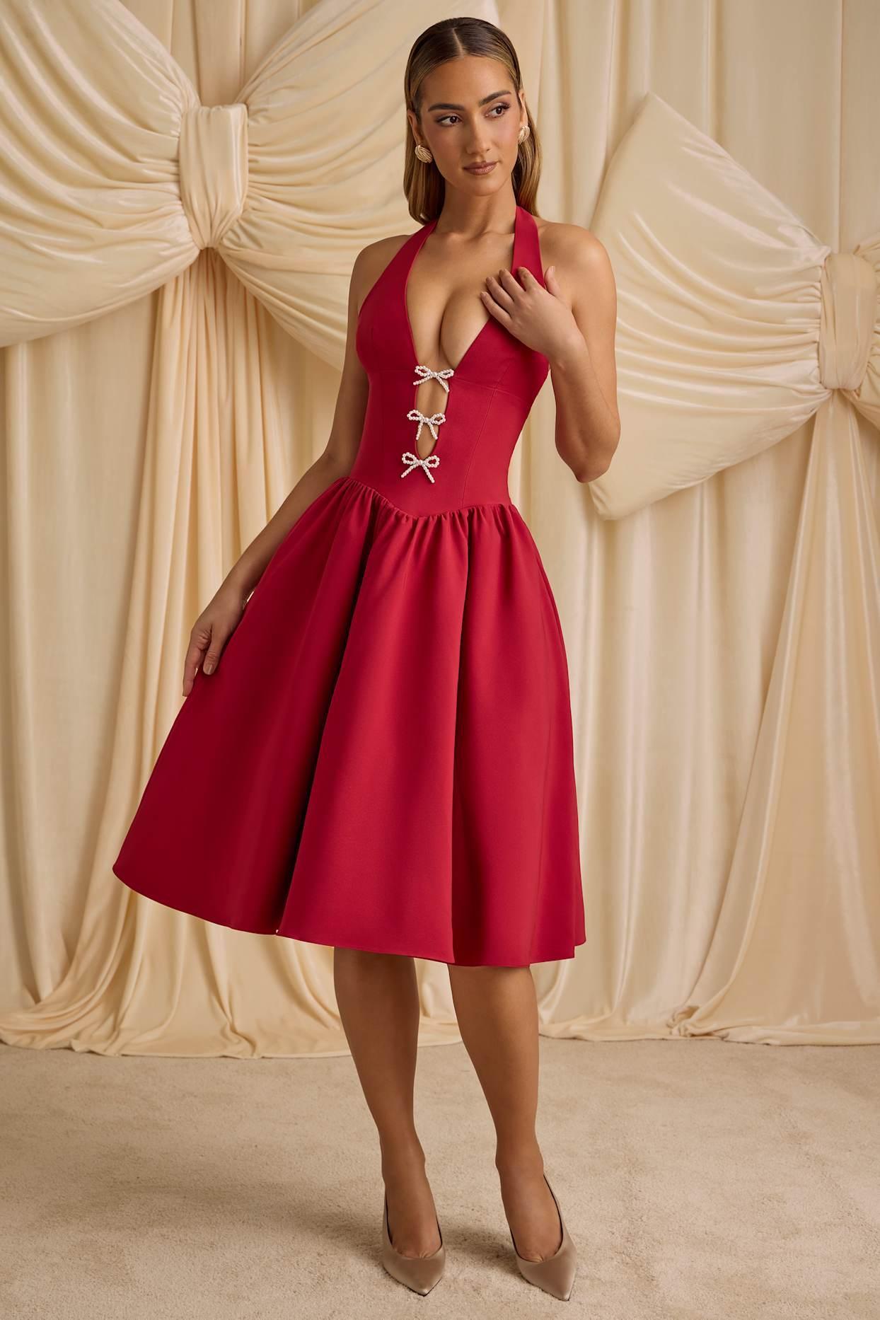 Halterneck Bow-Detail Midi Dress in True Red Product Image