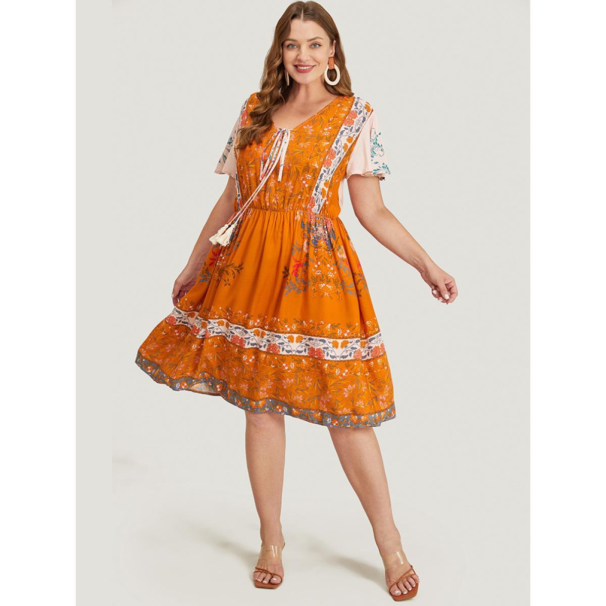 Plus Size Bandana Print Ruffle Sleeve Pocket Tie Neck Tassels Dress Coral Women Vacation Tassels Tie Neck Short sleeve Curvy Knee Dress BloomChic 14-16/1X Product Image