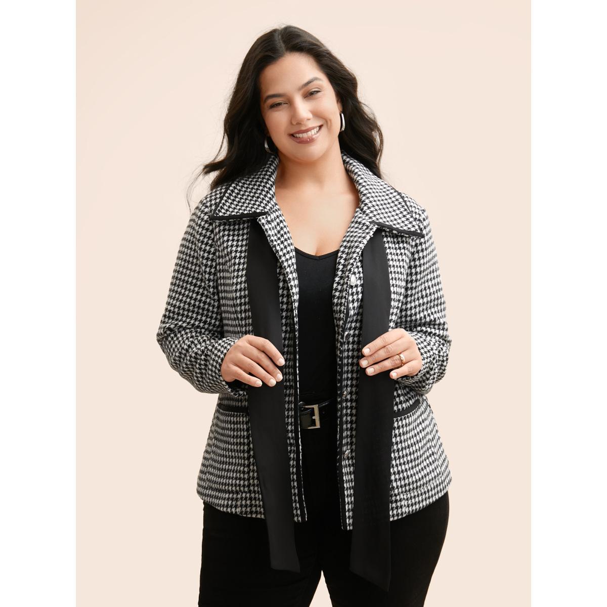 Plus Size Houndstooth Tie Knot Woven Ribbon Jacket Women Black Woven ribbon&lace trim Patch pocket Everyday Jackets BloomChic 22-24/3X Product Image