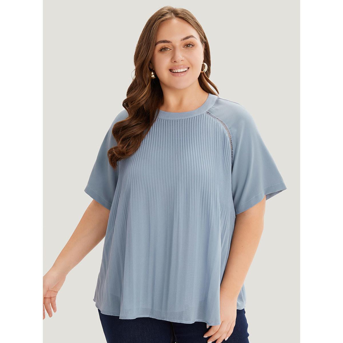 Plus Size Stone Solid Pleated Raglan Sleeve Patchwork Blouse Women Elegant Short sleeve Round Neck Dailywear Blouses BloomChic 22-24/3X Product Image