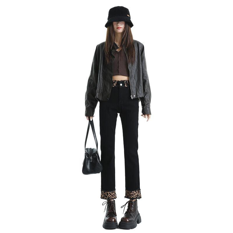 High Rise Leopard Print Fray Panel Cropped Straight Leg Jeans Product Image