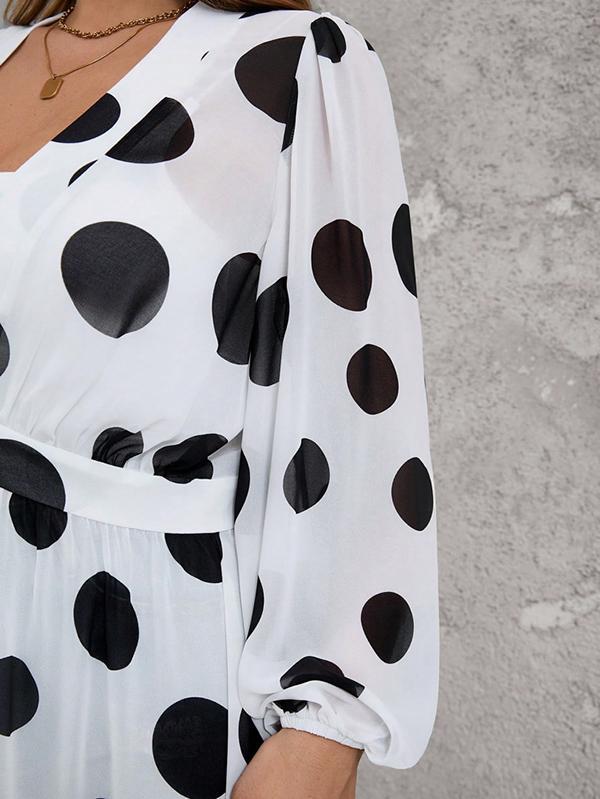 High Waisted Long Sleeves Pleated Polka-Dot See-Through Split-Joint Deep V-Neck Maxi Dresses Outerwear Product Image