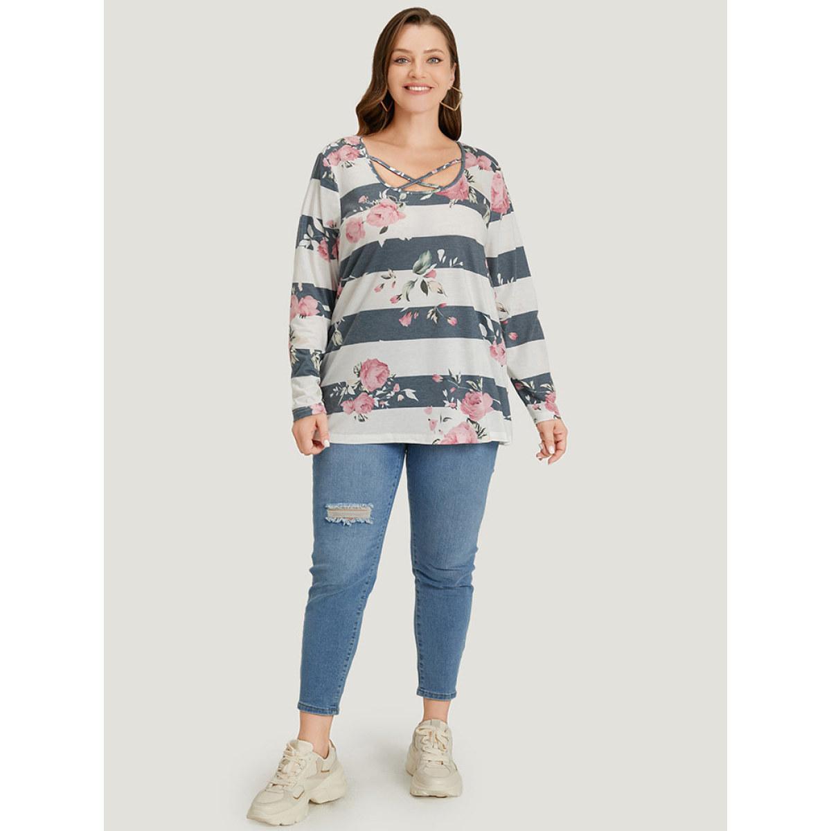 Plus Size Floral Striped Patchwork Crisscross T-shirt Indigo Women Casual Printed Striped Round Neck Dailywear T-shirts BloomChic 30/6X Product Image