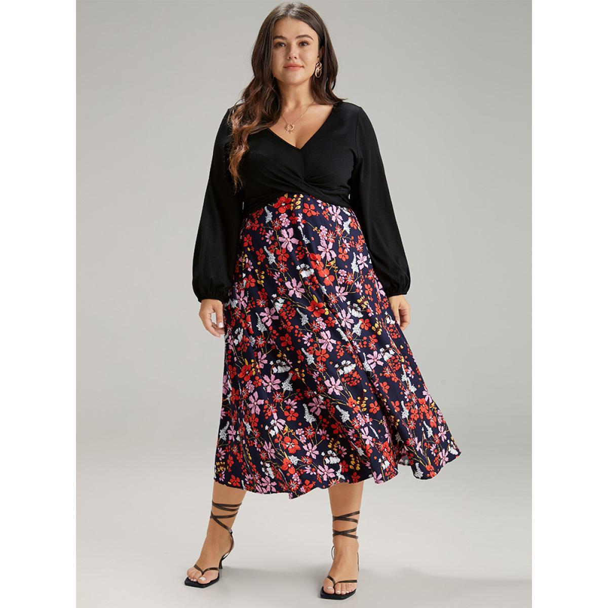 Plus Size Floral Patchwork Crossover Pocket Dress Black Women Elegant Elastic cuffs V-neck Long Sleeve Curvy Midi Dress BloomChic 28/5X Product Image