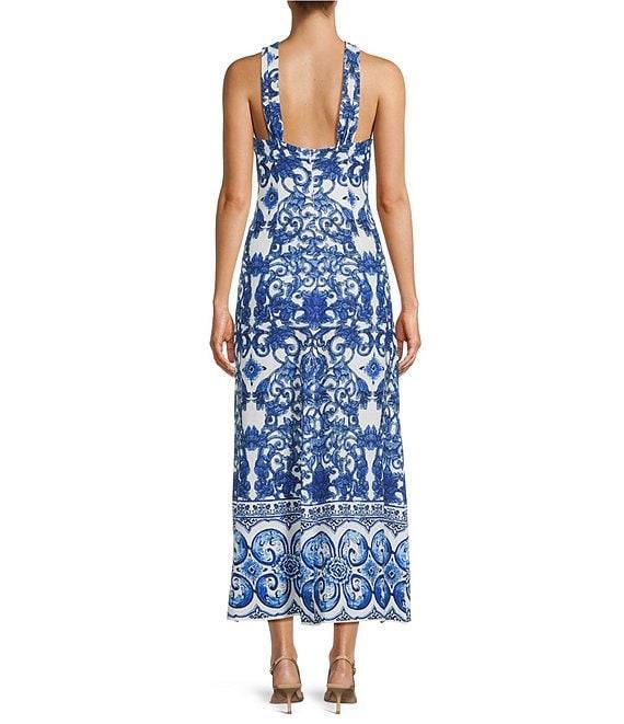Antonio Melani Bronwyn Blue Tile Print Linen Blend Halter Neck A-Line Maxi Dress Product Image