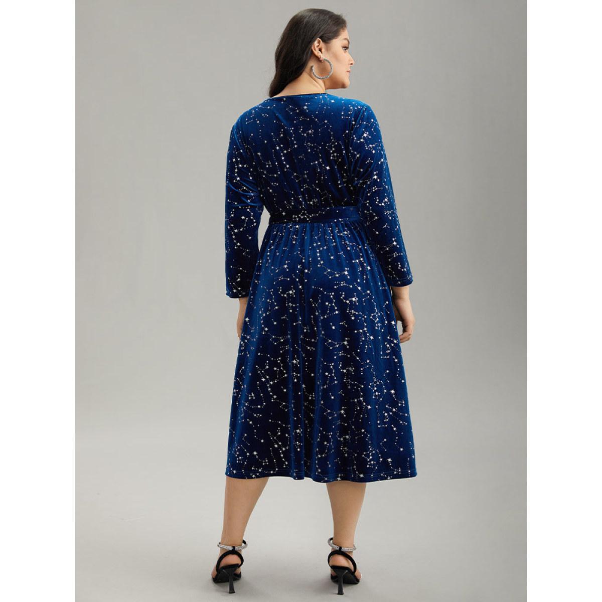 Plus Size Star Glitter Velvet Wrap Pocket Belted Dress DarkBlue Women Party Wrap Overlap Collar Long Sleeve Curvy Midi Dress BloomChic 30/6X Product Image