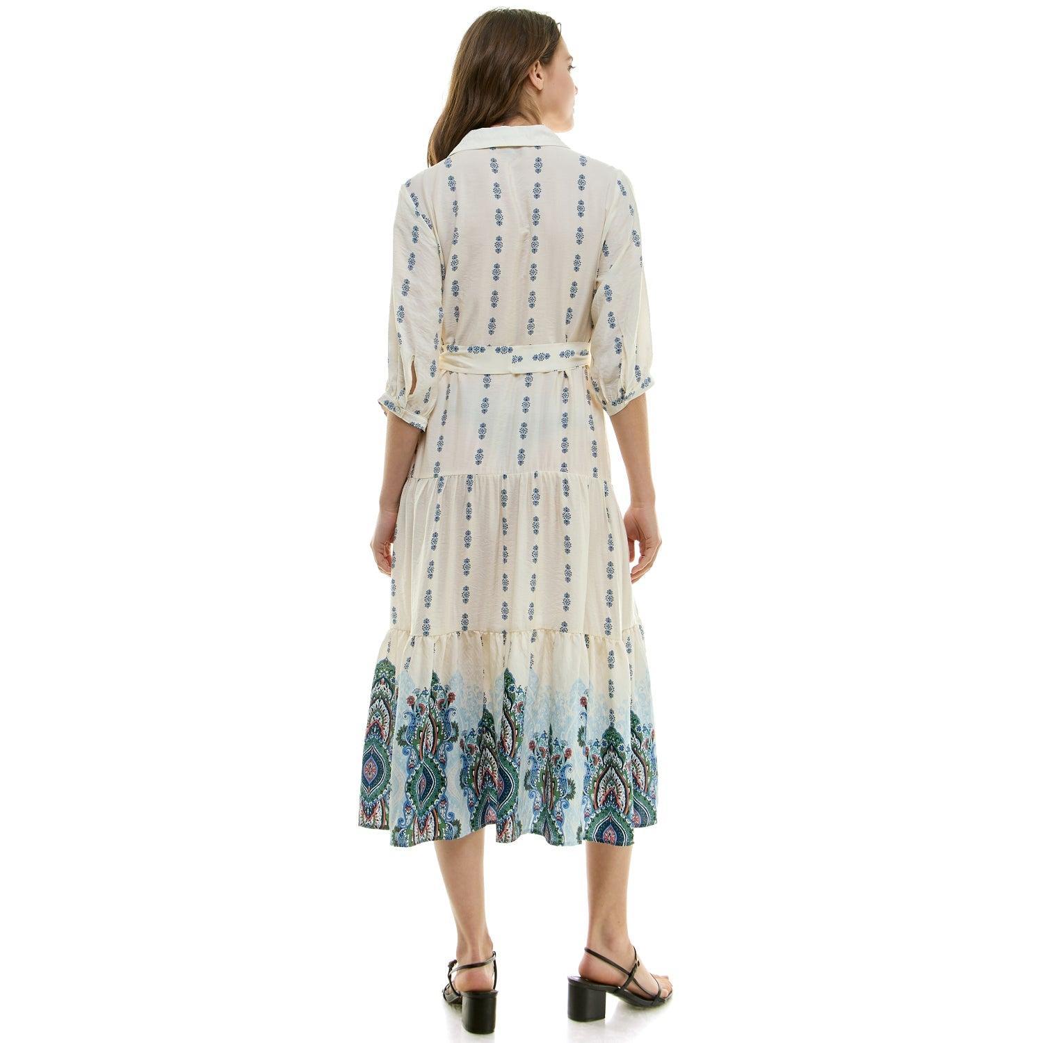 Long Sleeve Button Front Collared Midi Dress With Tied Waist Product Image
