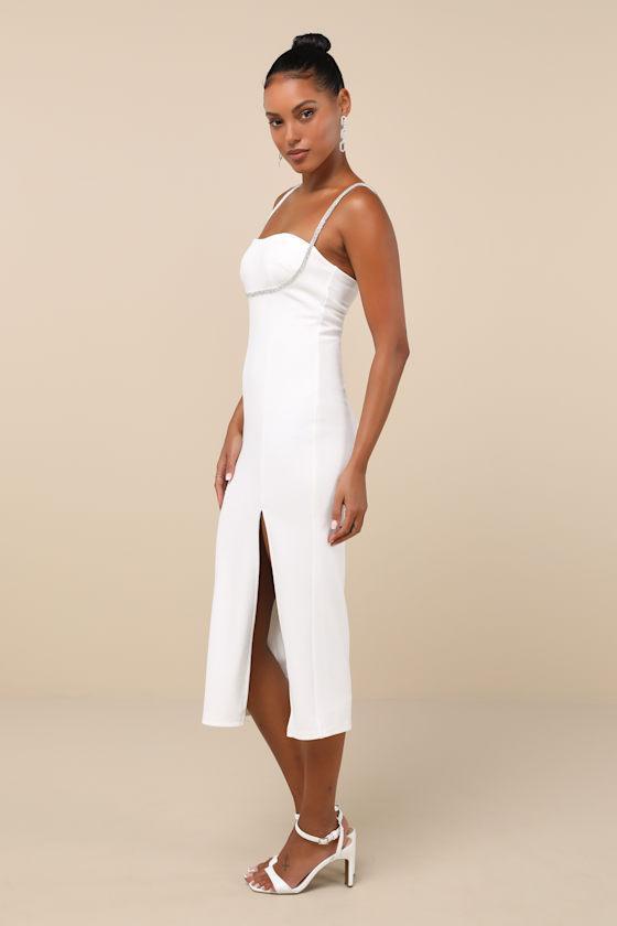 Upscale Flirt Ivory Rhinestone Sleeveless Bodycon Midi Dress Product Image