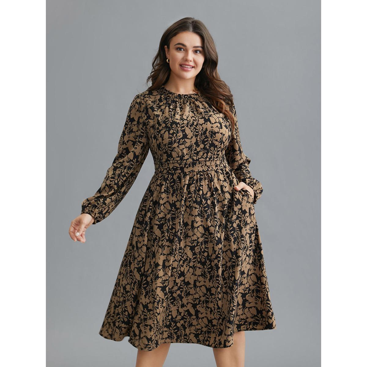 Plus Size Floral Mock Neck Ruffles Pleated Waist Dress Black Women Elegant Frill Trim Mock Neck Long Sleeve Curvy BloomChic 18-20/2X Product Image