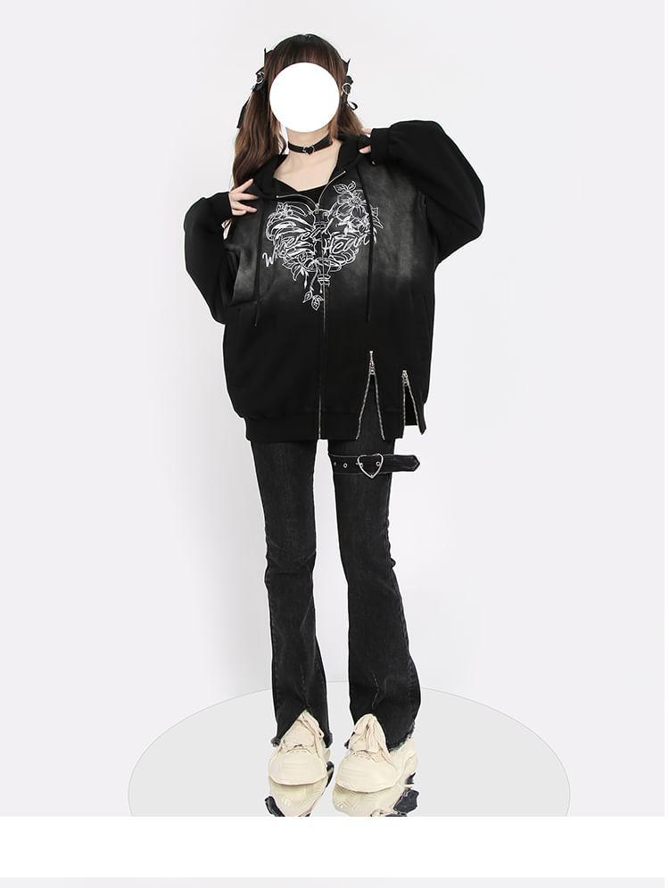 Low Rise Heart Buckled Washed Frayed Slit Flared Jeans Product Image