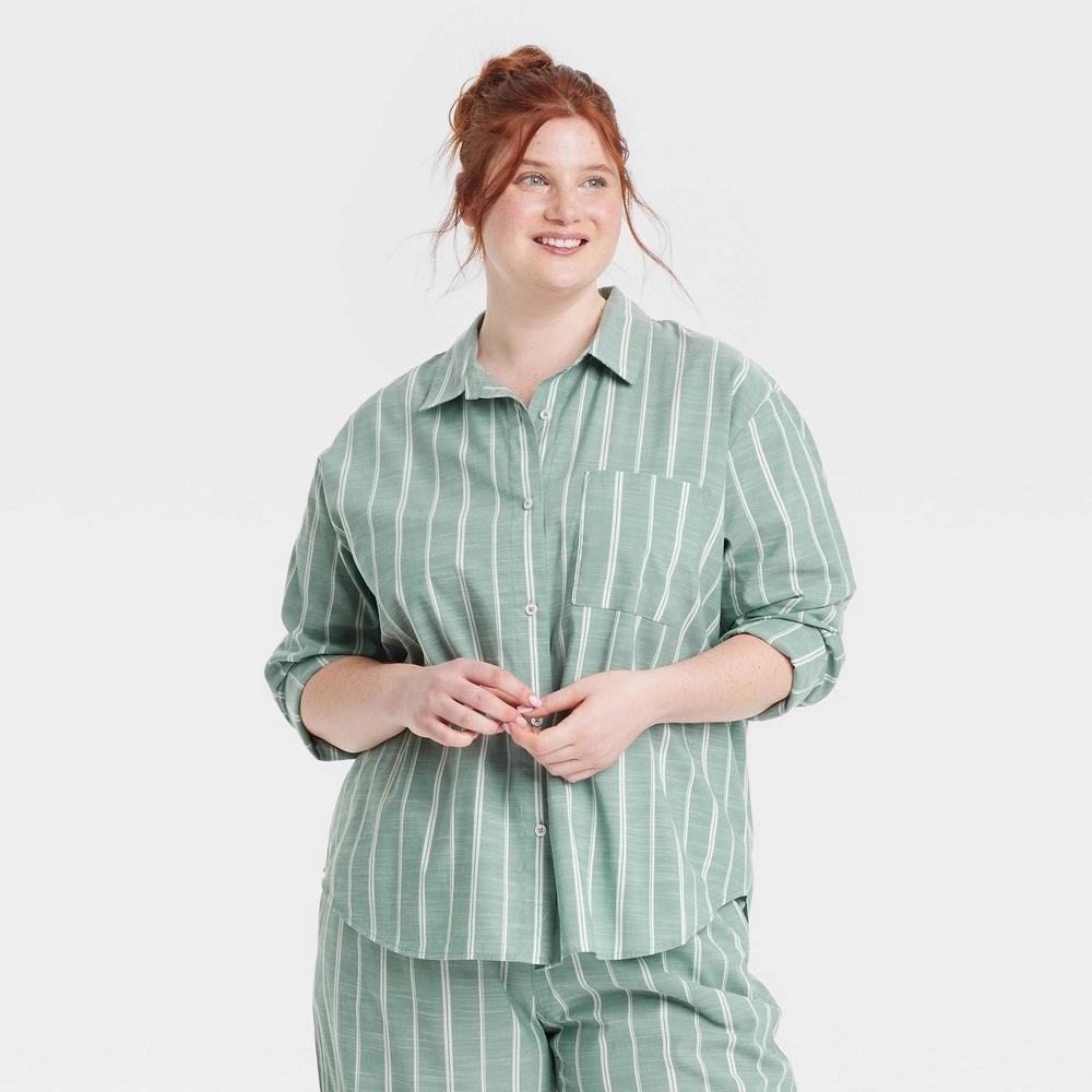 Women's Striped Cotton Blend Long Sleeve Pajama Shirt - Auden™ Green M: Button Down Collar, Front Pocket, Poplin Fabric Product Image
