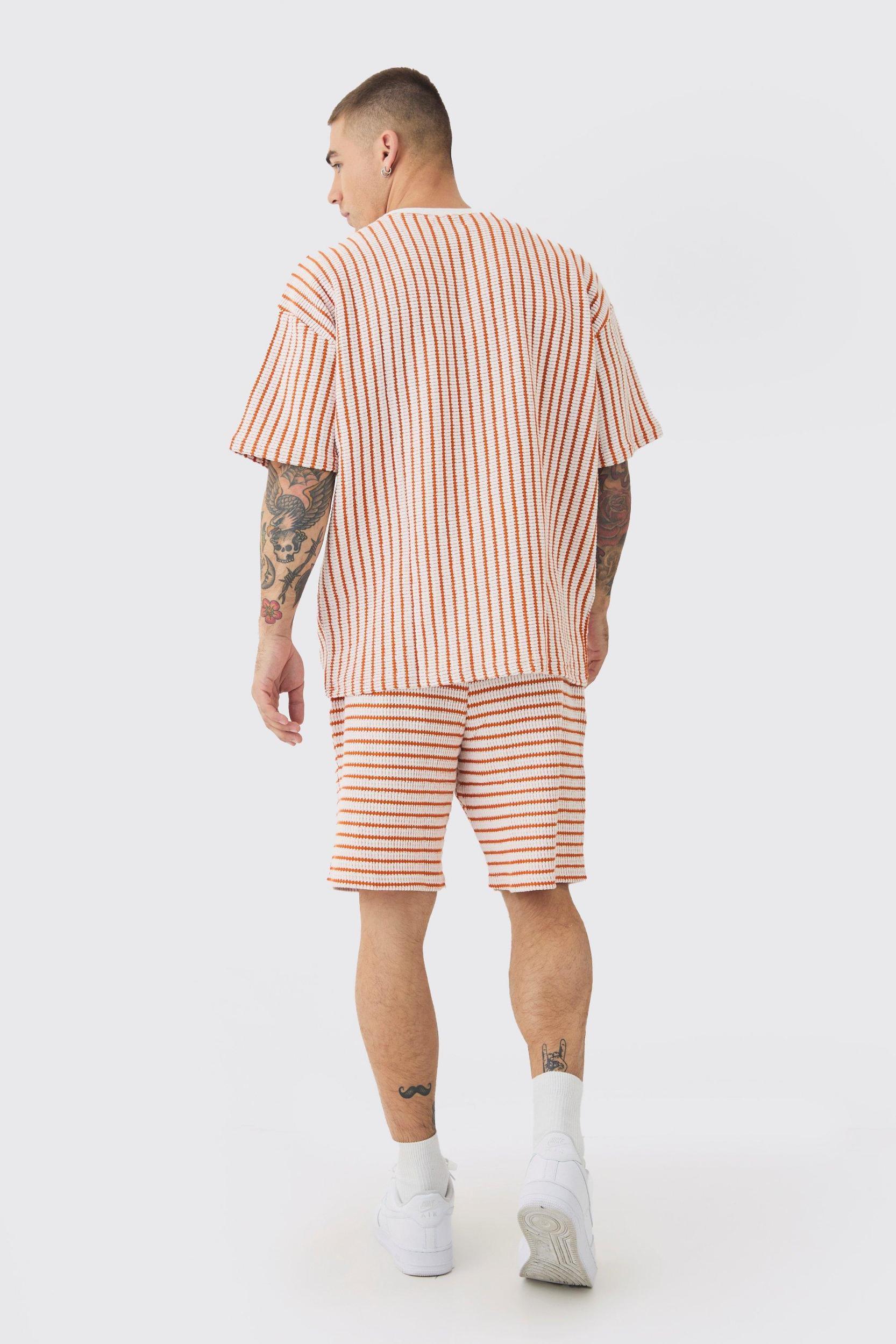 Oversized Striped Textured T-shirt & Short Set | boohooMAN USA Product Image