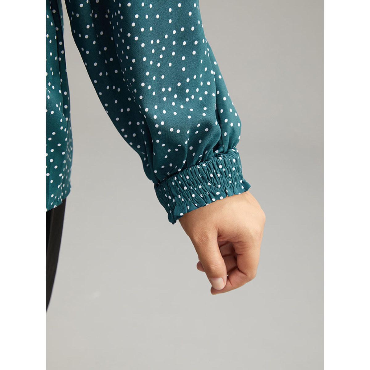 Plus Size Cyan Polka Dot Shirred Tie Neck Frill Trim Blouse Women Elegant Long Sleeve Tie Neck Dailywear Blouses BloomChic 14-16/1X Product Image