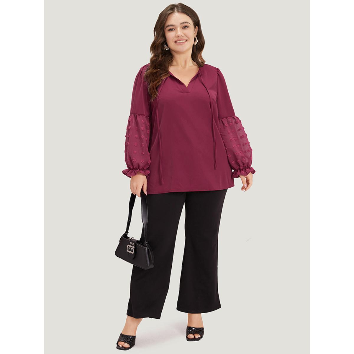 Plus Size Purple Anti-Wrinkle Plain Knot Neck Frill Trim Lantern Sleeve Blouse Women Casual Long Sleeve Tie Neck Everyday Blouses BloomChic 30/6X Product Image