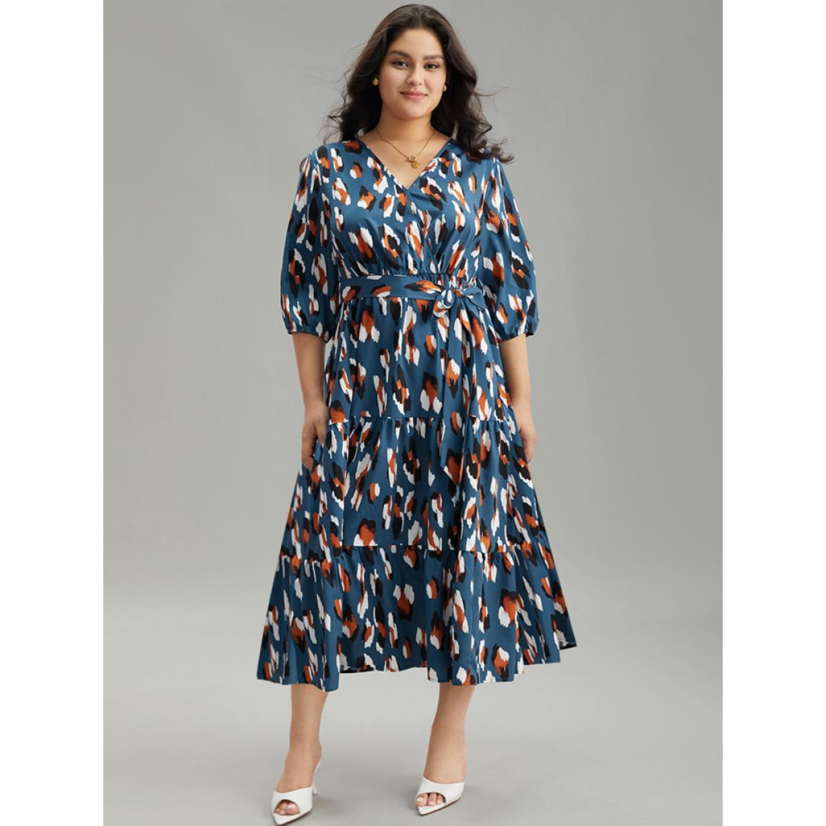 Plus Size Allover Print Ruffle Layered Hem Wrap Belted Dress Cerulean Women Office Elastic cuffs Overlap Collar Elbow-length sleeve Curvy Midi Dress BloomChic 30/6X Product Image