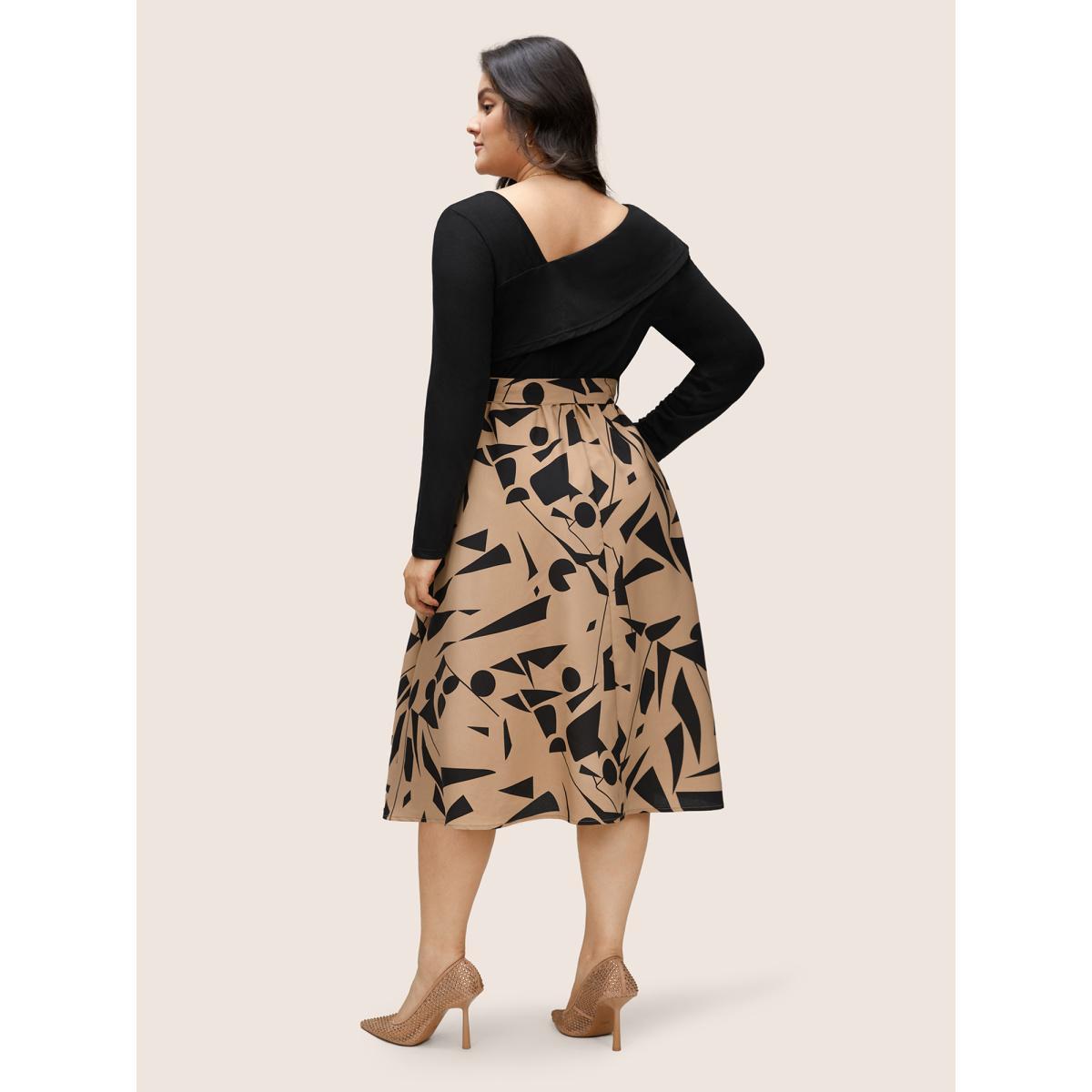 Plus Size Geometric Contrast Patchwork Asymmetrical Neck Belted Dress Black Women At the Office Non Asymmetrical Neck Long Sleeve Curvy Midi Dress BloomChic 14-16/1X Product Image