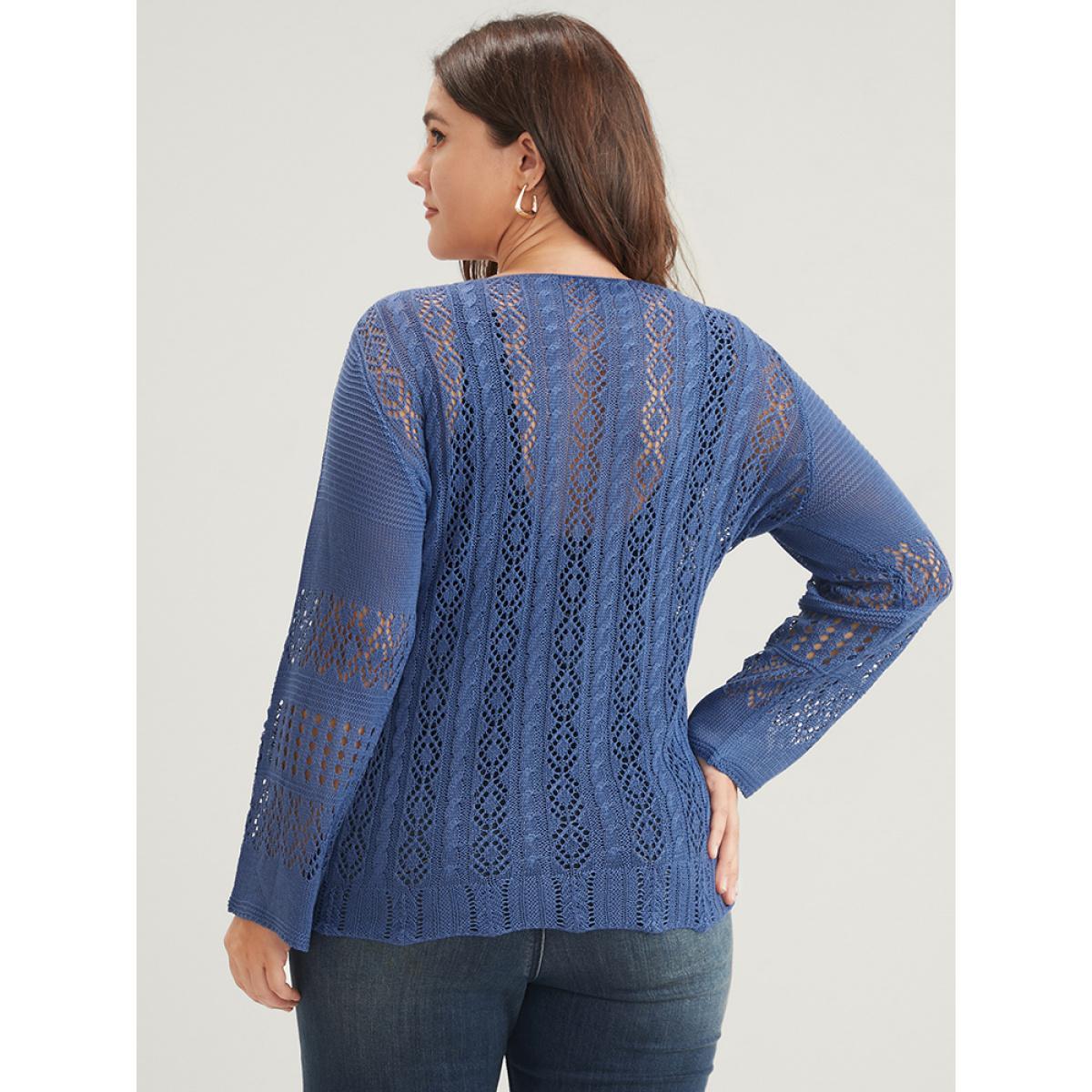 Plus Size Plain Pointelle Knit V Neck Crochet Drawstring Knit Top Blue Women Elegant Long Sleeve V-neck Dailywear Pullovers BloomChic 22-24/3X Product Image
