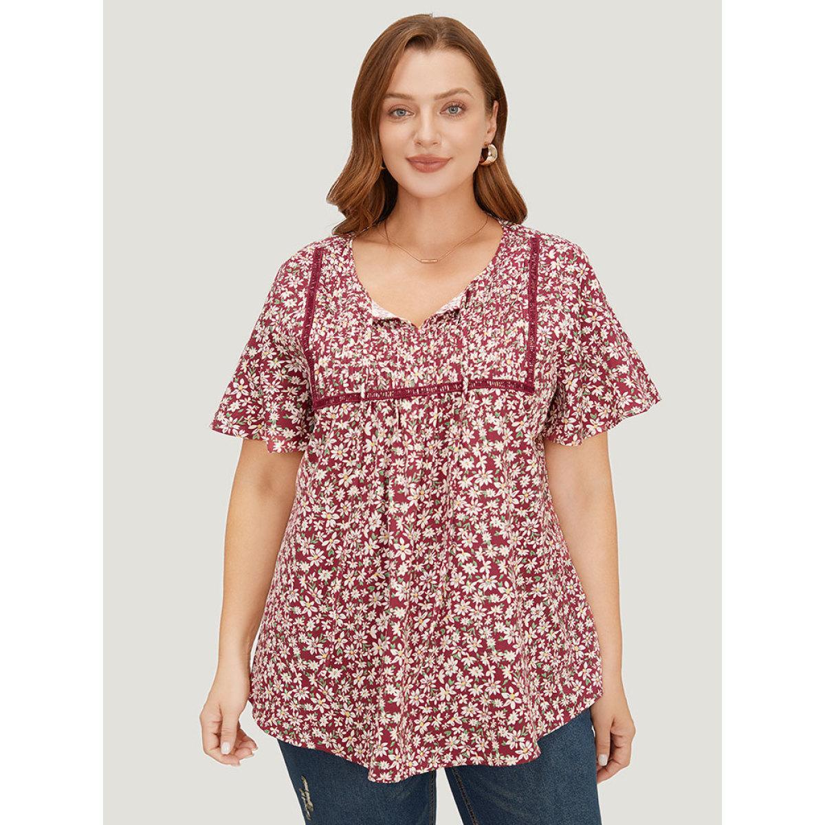 Plus Size RedViolet Ditsy Floral Lace Gathered Tie Neck Blouse Women Elegant Short sleeve Tie Neck Dailywear Blouses BloomChic 30/6X Product Image