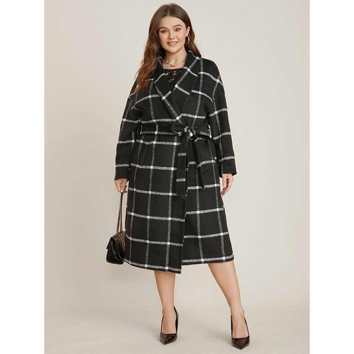 Plus Size Plaid Lapel Collar Pocket Belted Open Front Coat Women Black Elegant Ladies Dailywear Winter Coats BloomChic 12/L Product Image