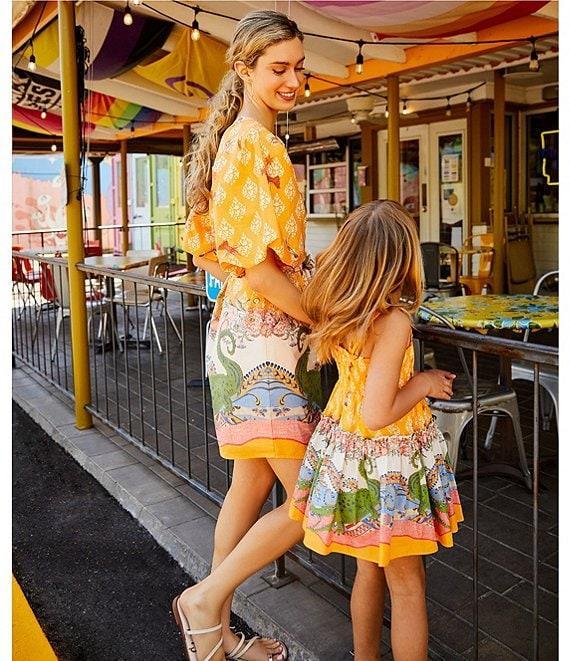 A Loves A Border Print Mandarin Collar Short Bubble Sleeve Button Front Tie At Waist Sheath Mini Dress Product Image