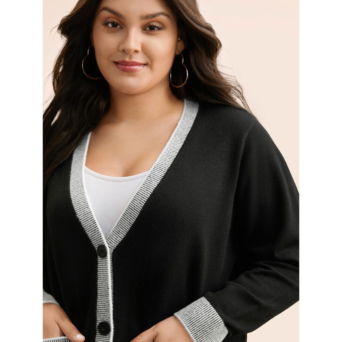 Plus Size Contrast Button Up Pocket Cardigan Black Women Casual Long Sleeve Everyday Cardigans BloomChic 22-24/3X Product Image