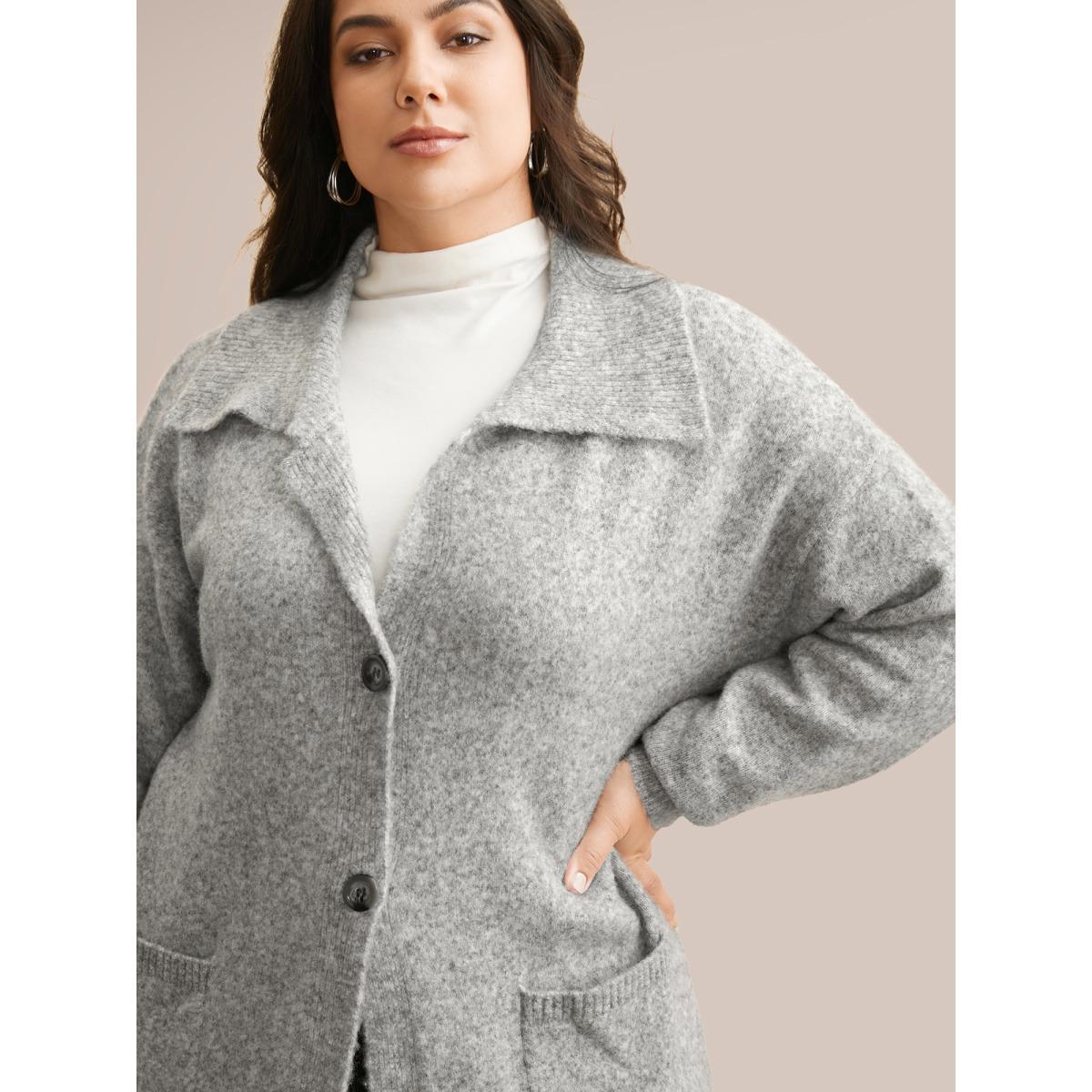 Plus Size Airy Cozy Lapel Collar Pocket Wool Cardigan LightGray Women Casual Loose Long Sleeve Everyday Cardigans BloomChic 14-16/1X Product Image
