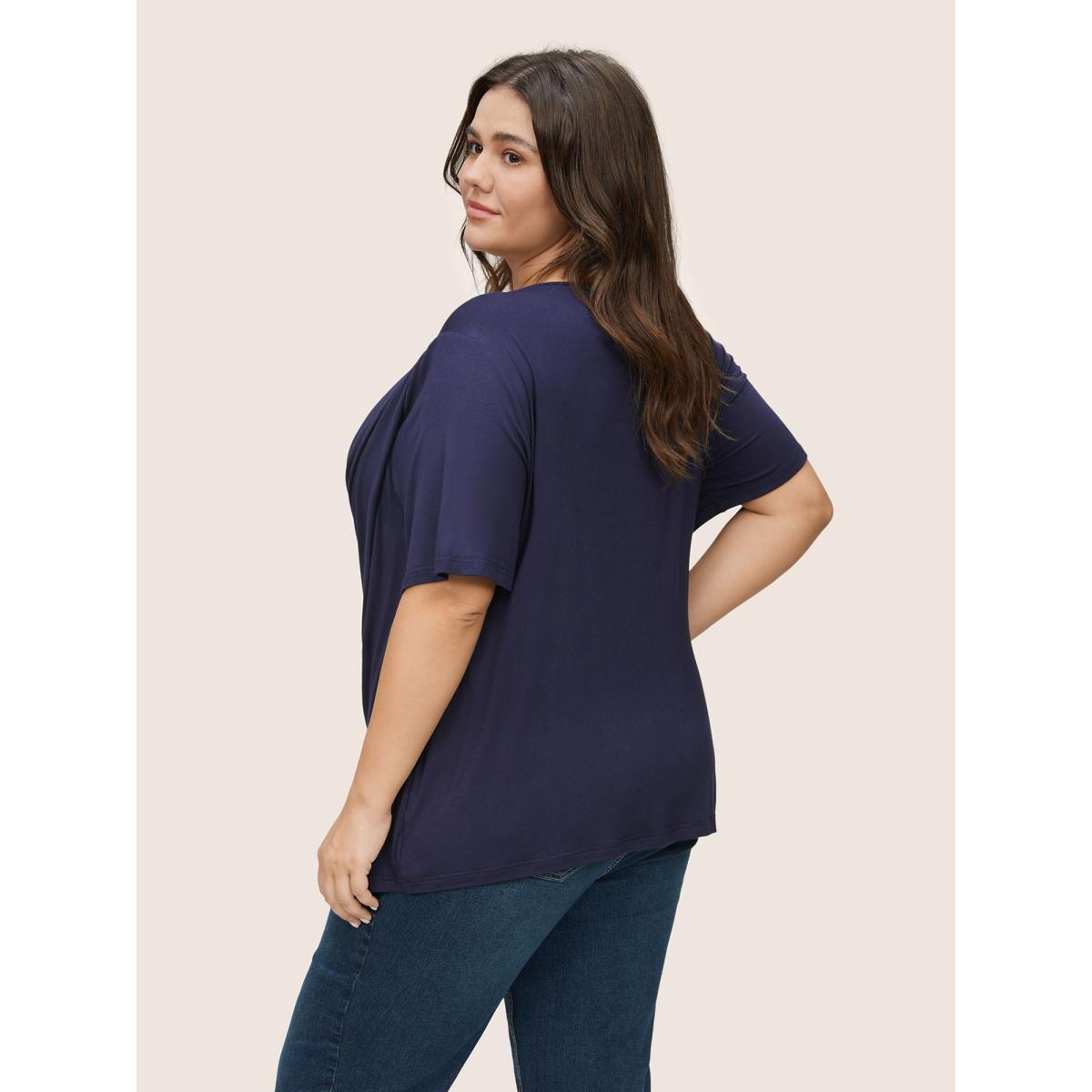 Plus Size Solid Cowl Neck Gathered T-shirt Indigo Women Elegant Non Plain Cowl Neck Everyday T-shirts BloomChic 28/5X Product Image