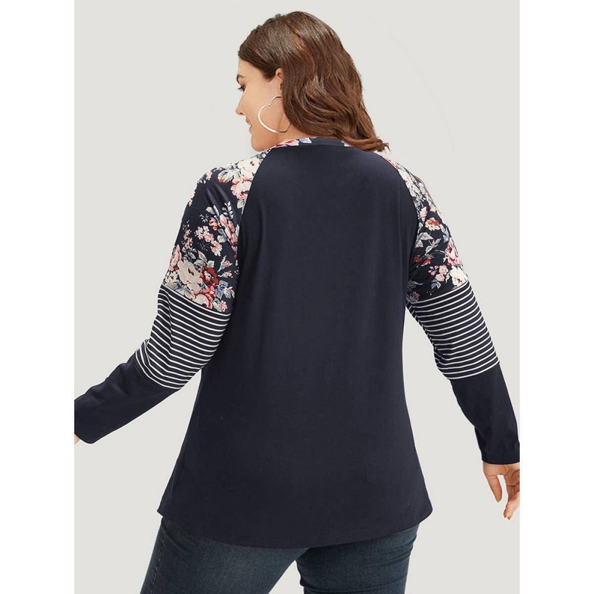Plus Size Floral Striped Patchwork Crew Neck Raglan Sleeve T-shirt Midnight Women Casual Contrast Striped Round Neck Dailywear T-shirts BloomChic 28/5X Product Image