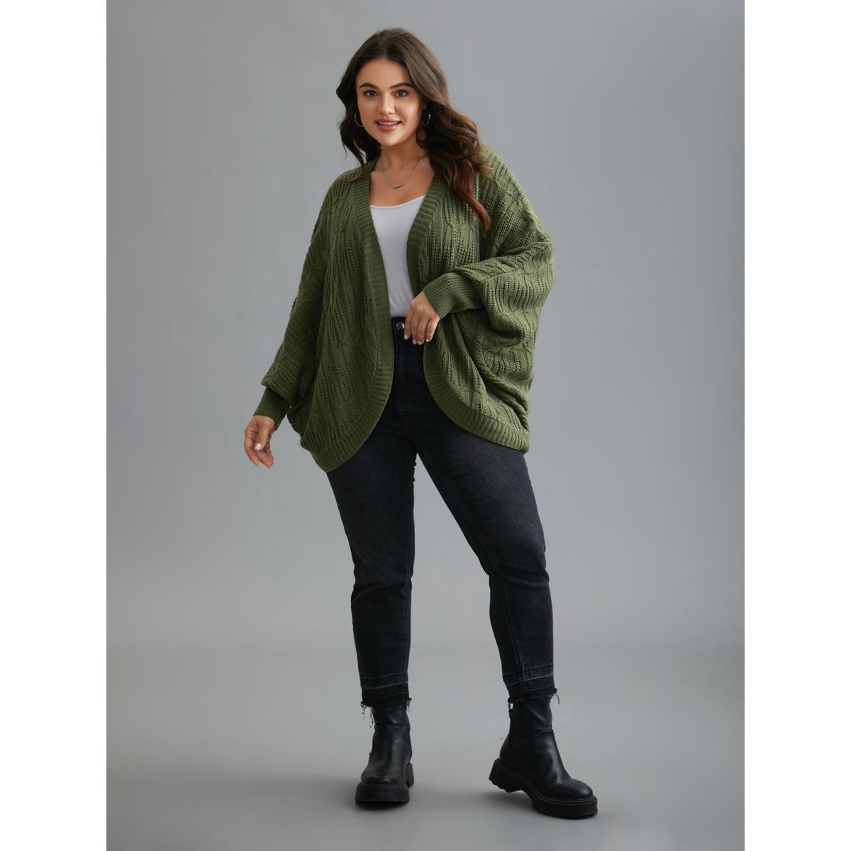 Plus Size Curved Open-Front Dolman Sleeve Knit Cardigan Moss Women Casual Loose Long Sleeve Everyday Cardigans BloomChic 12/L Product Image