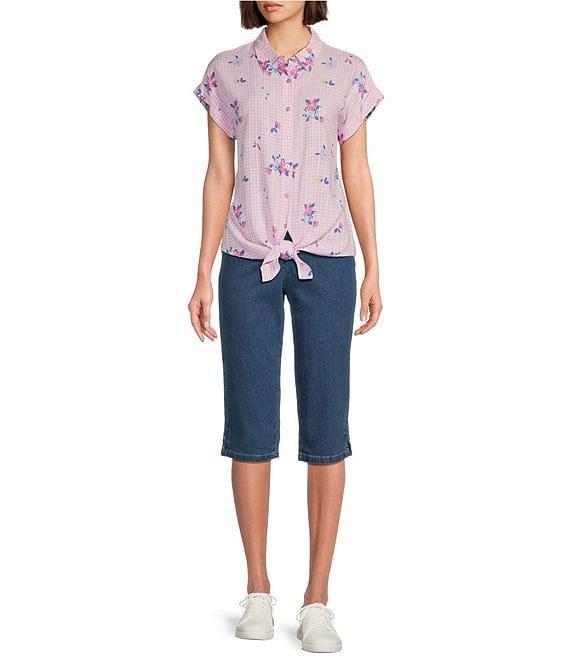 Allison Daley Gingham Floral Print Short Sleeve Tie Front Button Blouse Product Image