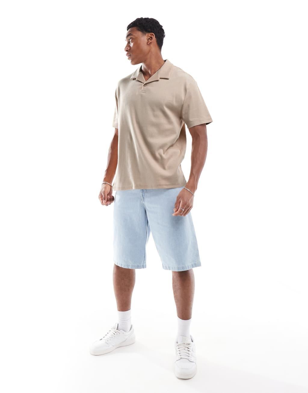  ASOS DESIGN relaxed rib revere polo in beige Product Image