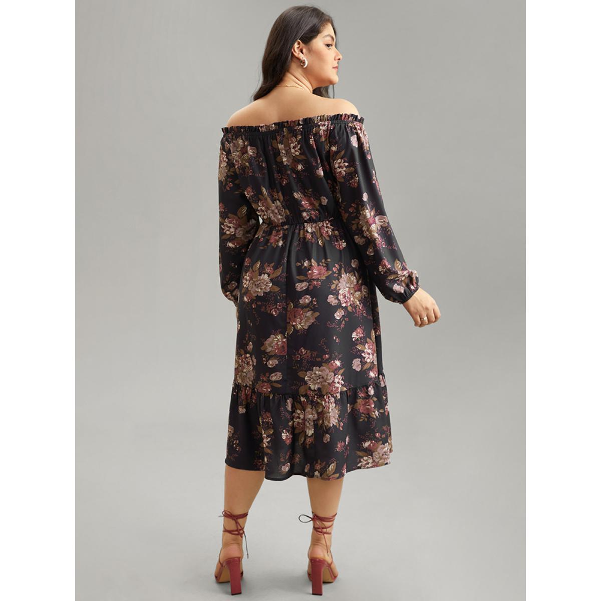 Plus Size Off Shoulder Floral Frill Trim Lantern Sleeve Dress Black Women Elegant Elastic cuffs One-shoulder neck Long Sleeve Curvy Midi Dress BloomChic 22-24/3X Product Image