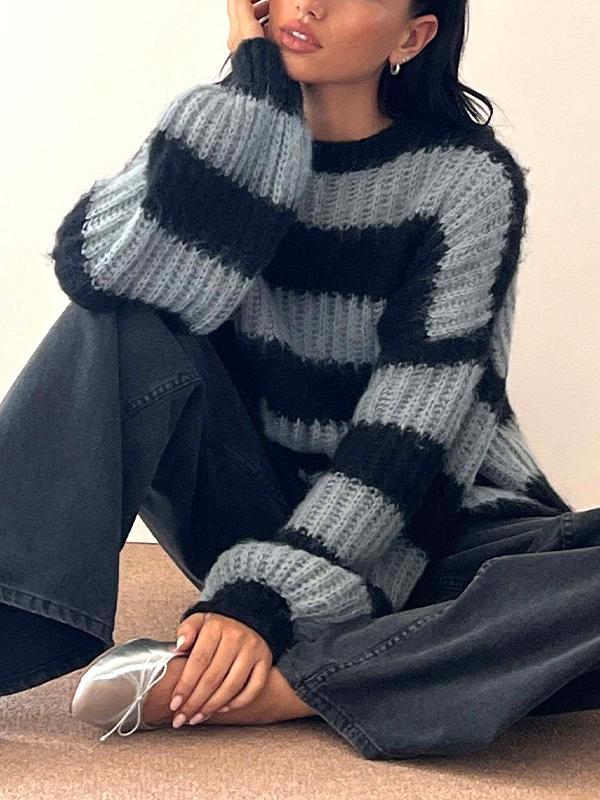 Contrast Color Striped Crew Neck Lantern Sleeve Sweater Product Image