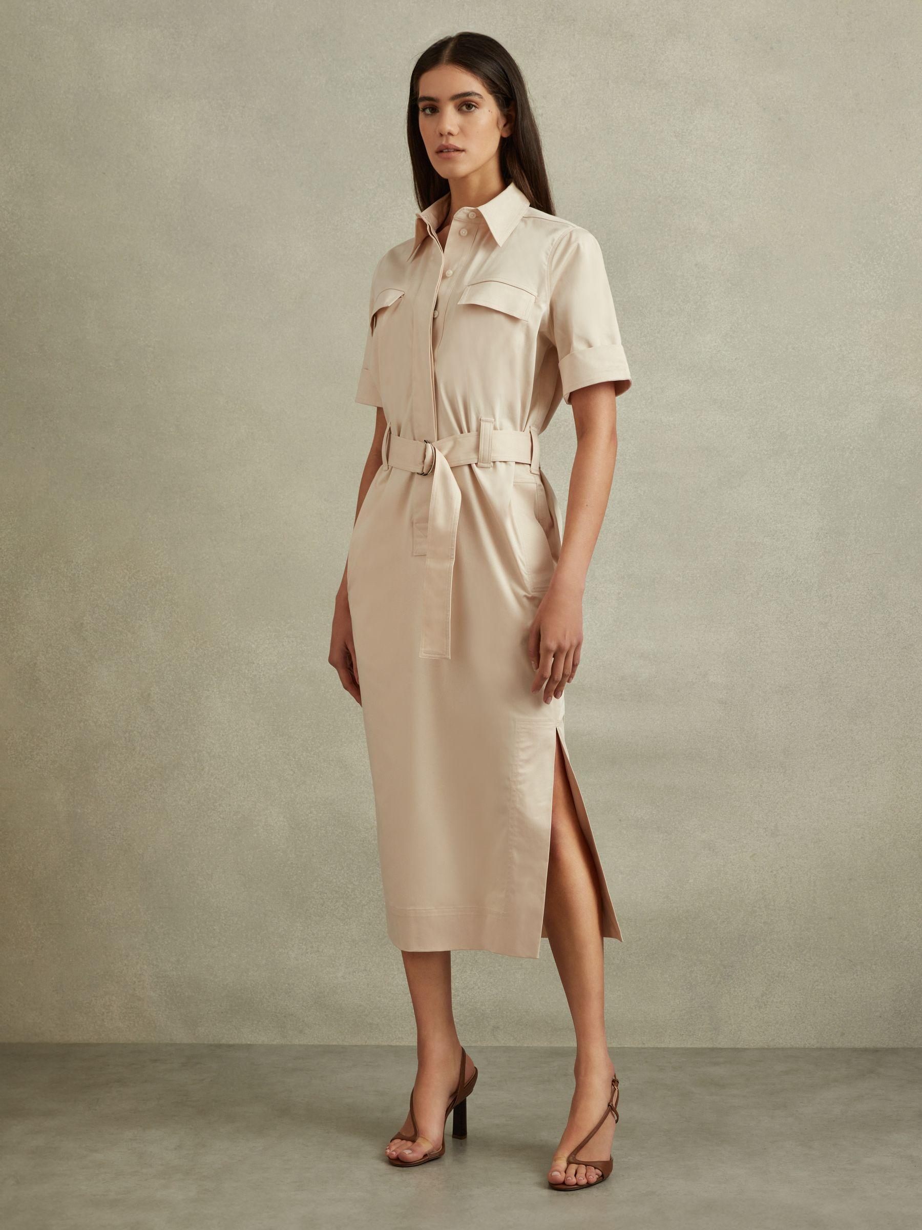 Cotton Blend Utility Belted Midi Dress in Stone Product Image