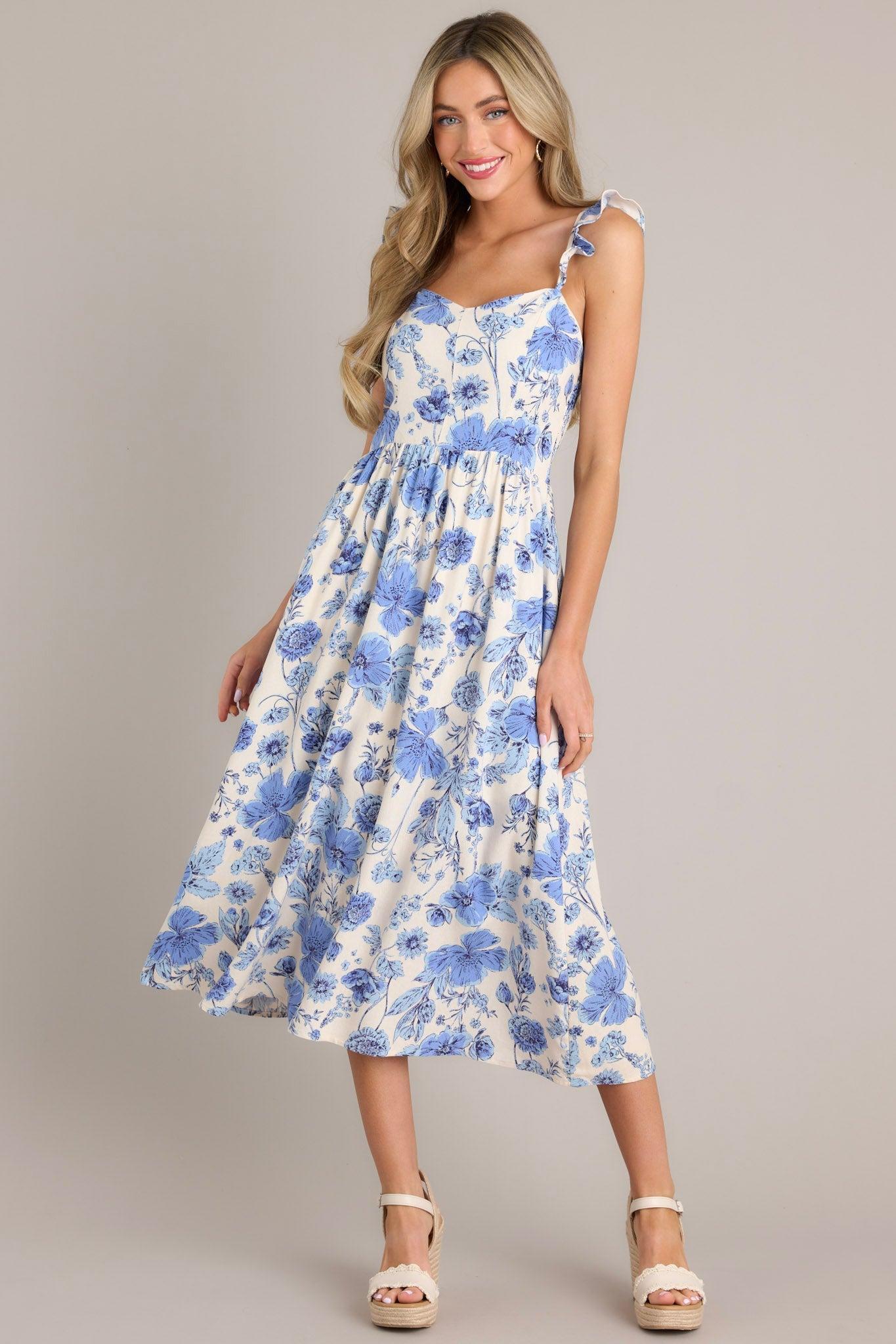 Blossoms Of Belief Ivory & Blue Floral Midi Dress Product Image
