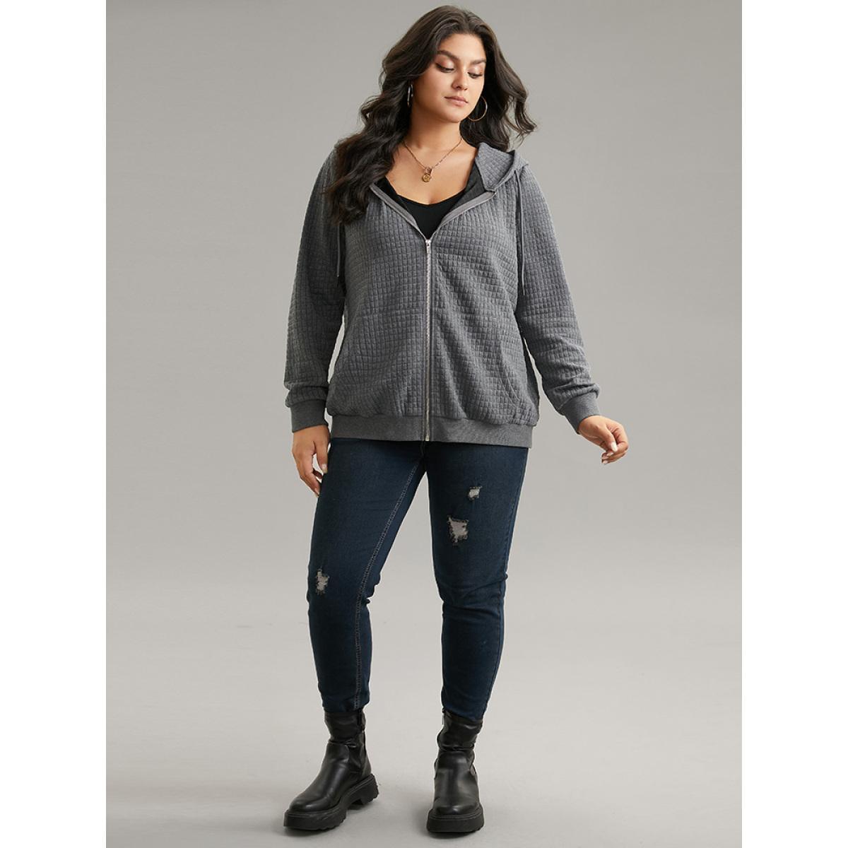 Plus Size Plain Zipper Drawstring Jacquard Jacket Women Gray Plain Pocket Everyday Jackets BloomChic 22-24/3X Product Image