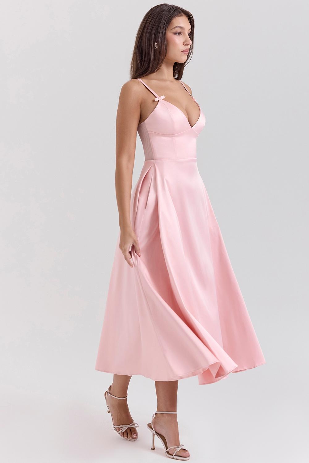 Tiffany  parisian pink satin a-line midi dress Product Image