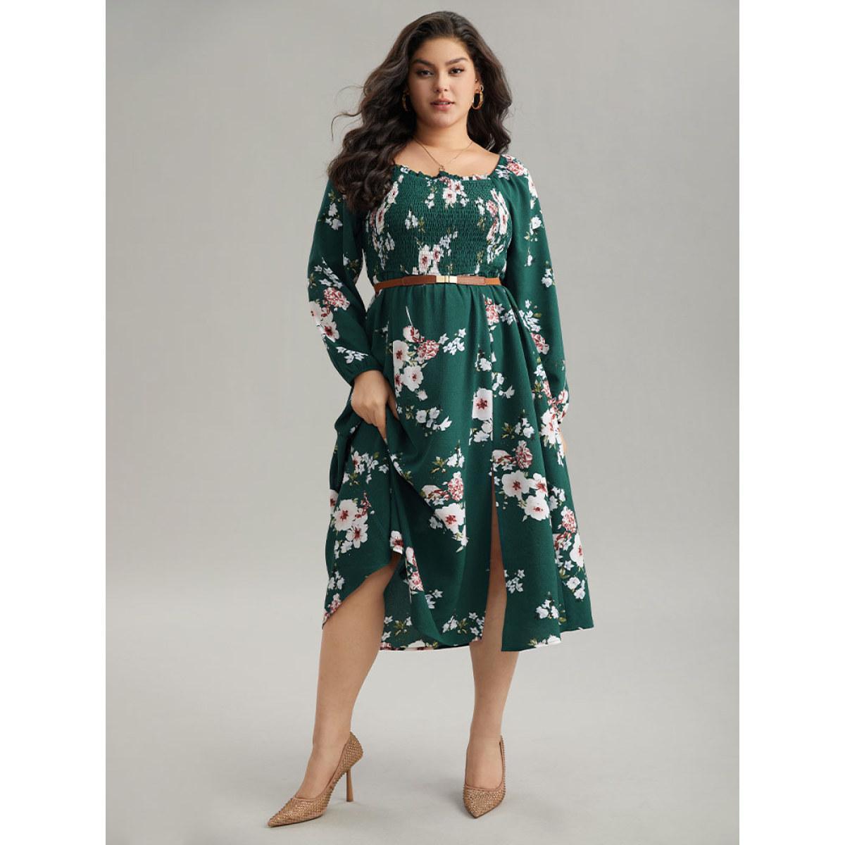 Plus Size Floral Print Split Hem Pocket Shirred Dress DarkGreen Women Elegant Elastic cuffs Square Neck Long Sleeve Curvy Midi Dress BloomChic 18-20/2X Product Image