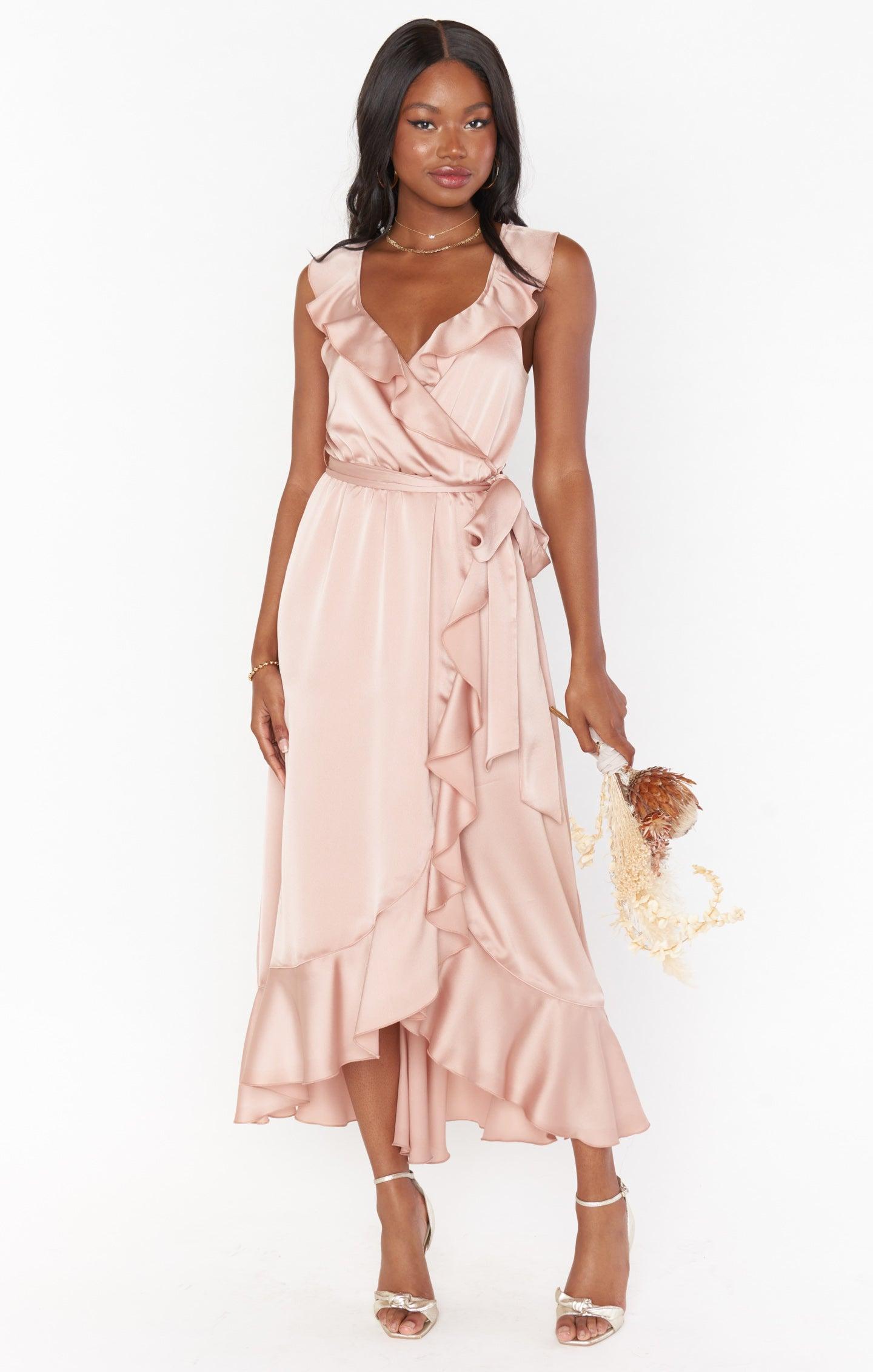 Samantha Ruffle Wrap Dress ~ Rose Gold Luxe Satin Product Image