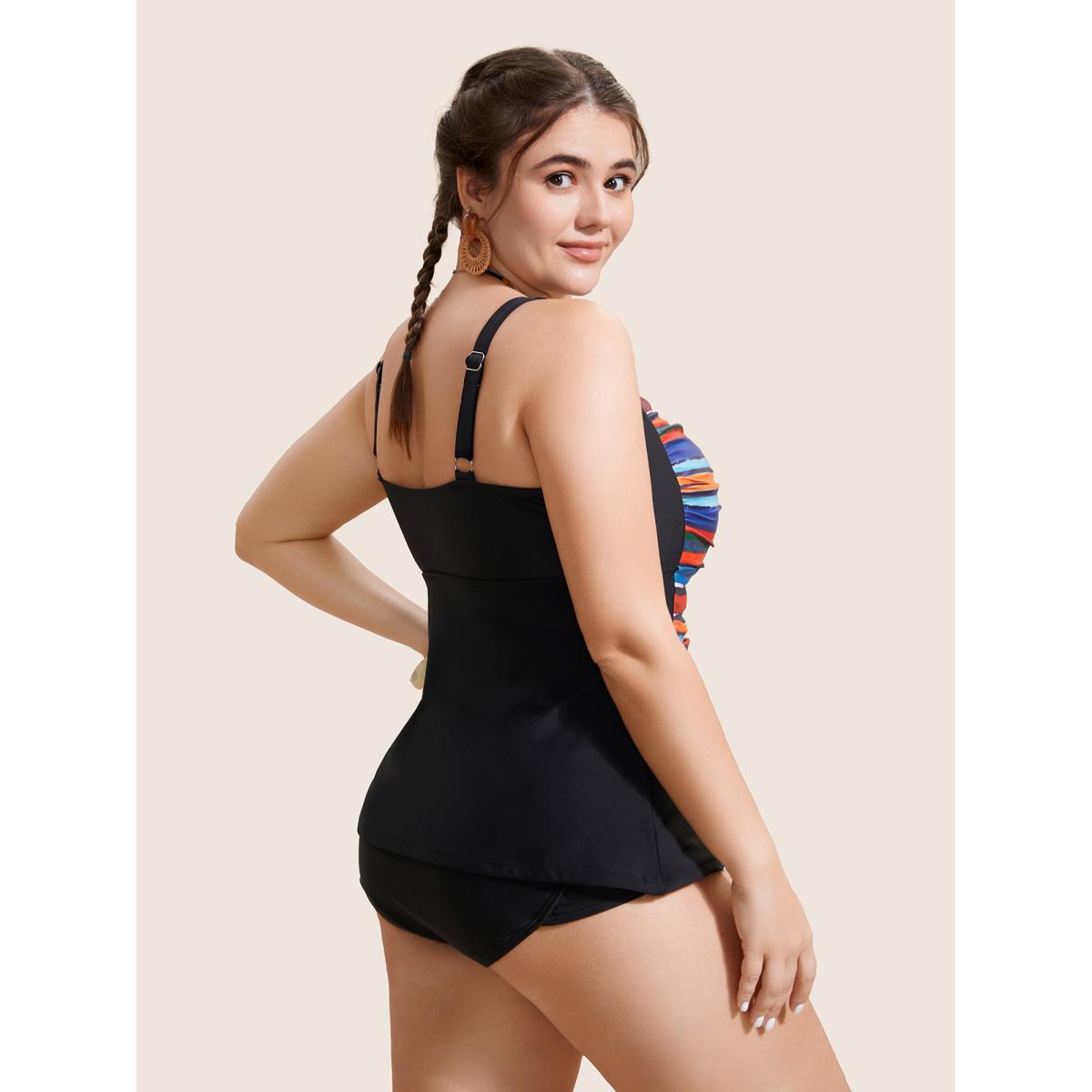 Plus Size Colored Striped Gathered Twist Front Swim Top Women's Swimwear Multicolor Beach Twist High stretch Skinny Heart neckline Curve Swim Tops BloomChic 28/5X Product Image