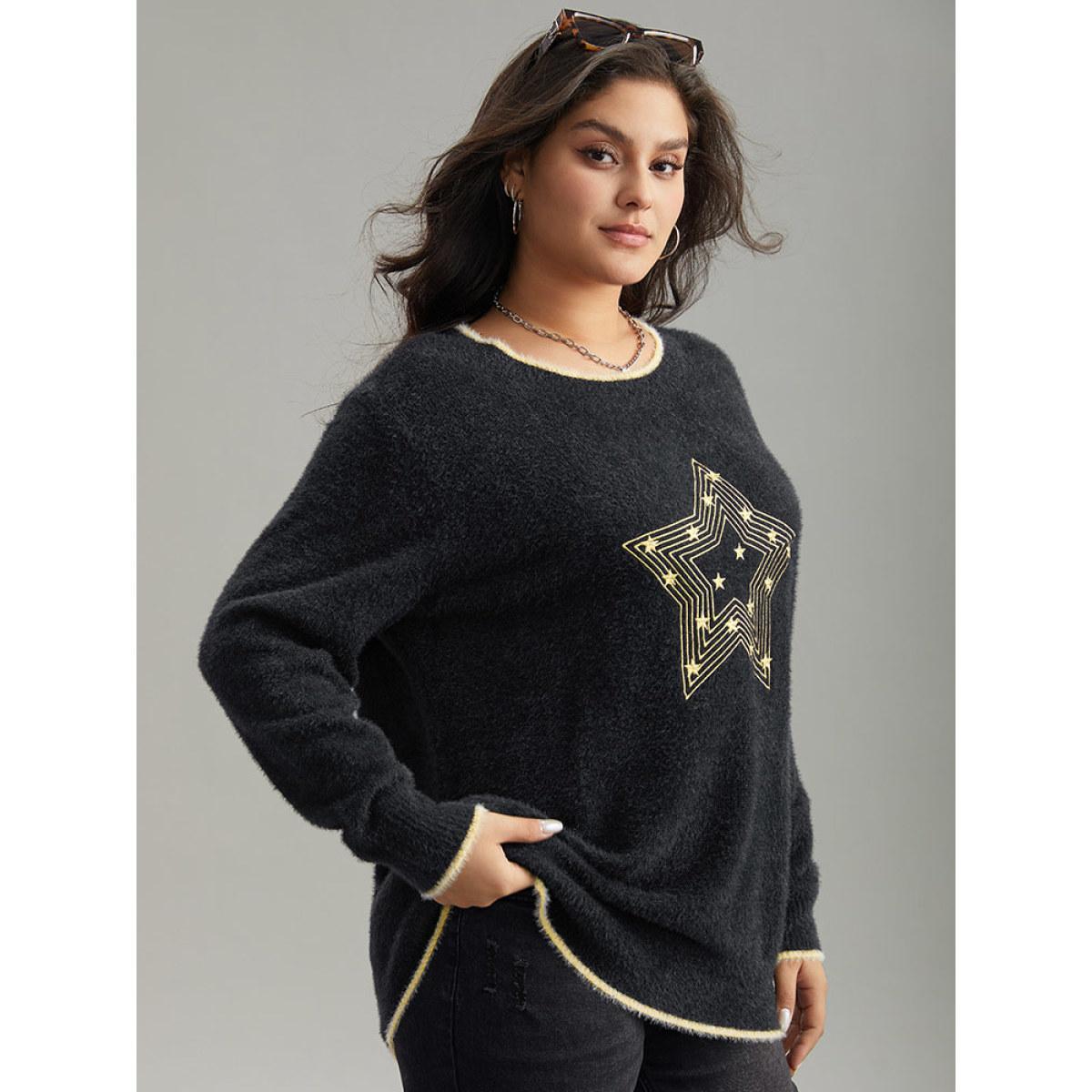 Plus Size Star Embroidered Contrast Trim Pullover Black Women Casual Loose Long Sleeve Round Neck Dailywear Pullovers BloomChic 14-16/1X Product Image